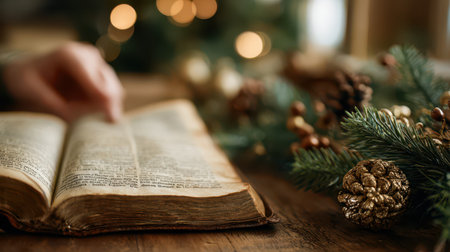 A person gently holds an open book surrounded by pine branches and holiday decor capturing the essence of celebration and reflection.の素材