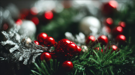 Bright red and silver ornaments rest on lush green evergreen branches creating a warm and cheerful atmosphere for the holiday season.の素材