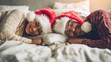 Two happy people relax on a bed wearing bright red Christmas hats. They enjoy precious moments during the New Year celebration smiling warmly.の素材