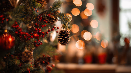 A beautifully decorated pine tree with warm lights and shiny ornaments creates a joyful holiday atmosphere inviting warmth and cheer.の素材