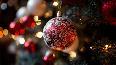 Festive ornaments hang elegantly on a lush green tree creating a warm and cheerful atmosphere for New Year festivities with sparkling lights.の素材