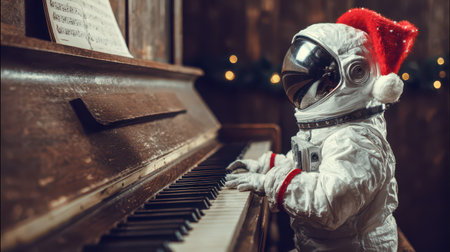 A spaceman dressed in a shiny suit and wearing a red holiday hat joyfully plays a piano. The warm ambiance hints at a cozy New Year gathering.の素材