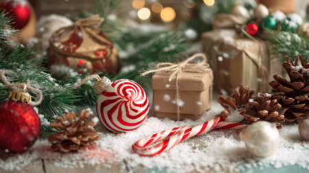 Colorful ornaments gifts and treats create a warm New Year atmosphere. Bright decorations are surrounded by snow and pine for holiday cheer.の素材
