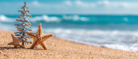 A delightful scene of a small Christmas tree and starfish on warm sands capturing the essence of beach holidays during New Year celebrations.の素材