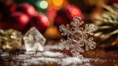 A delicate snowflake glistens on a wooden table surrounded by soft glitter shining ornaments and a warm atmosphere of the holiday season.の素材