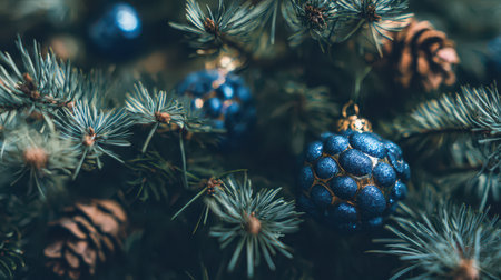 Beautiful pine tree branches adorned with shimmering blue ornaments. This scene captures the essence of new year festivities and winter charm.の素材
