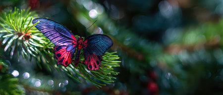 A vibrant blue and red butterfly rests on evergreen branches embodying natures beauty during a serene holiday celebration.の素材