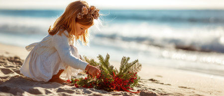 A young girl gathers natural elements on the sandy beach preparing festive decorations while enjoying the sun by the ocean.の素材