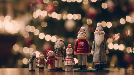 Seven delightful festive characters stand in front of a sparkling Christmas tree embodying the joy and warmth of the holiday season.の素材