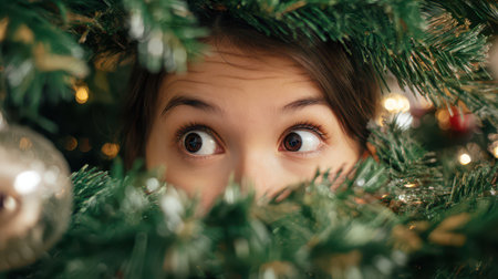 A child with wide eyes looks out from behind the lush green branches of a decorated Christmas tree. Ornaments and lights create a festive atmosphere.の素材