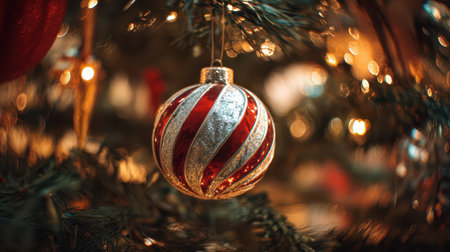 Colorful ornament hangs from a lush green tree glimmering with lights creating a festive atmosphere for New Year celebrations.の素材