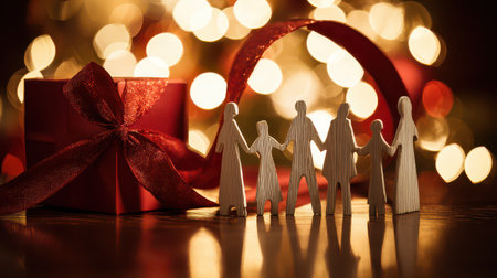 Delightful wooden figures hold hands by a shiny red gift illuminated by sparkling lights capturing the warmth of New Year celebrations.の素材