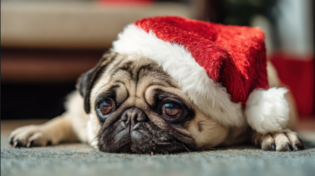 A cheerful pug wears a red Santa hat while resting on a cozy rug bringing joy and warmth to the festive season during New Year celebrations.の素材