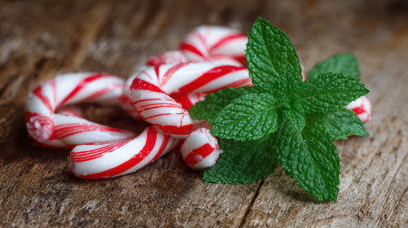 Colorful peppermint candies sit beside vibrant green mint leaves on a rustic wooden surface. A delightful treat for the New Year celebration.の素材