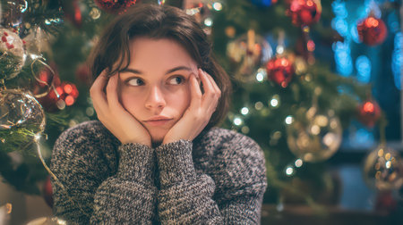 A young woman sits quietly among festive decorations reflecting on the new year. Twinkling lights and ornaments surround her creating a cozy scene.の素材