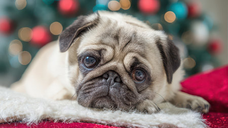 A lovely pug relaxes on a cozy blanket near a vibrant Christmas tree adorned with colorful ornaments enjoying the festive atmosphere.の素材