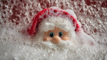 A joyful Santa Claus toy peeks out from a sea of frothy bubbles capturing the spirit of New Year festivities and holiday cheer.の素材