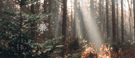 Sunlight filters through tall trees in a serene forest scene marking the start of the New Year with sparkling snowflakes and natures beauty.の素材