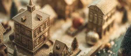 A charming village comes alive with holiday spirit. Miniature houses adorned with festive decorations capture the joy of New Year celebrations.の素材