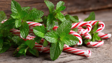 Bright green mint leaves surround festive red and white candy canes on a rustic wooden surface capturing a joyful New Year spirit.の素材