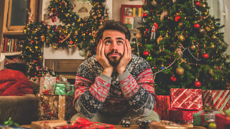 A man sits on a couch surrounded by beautifully wrapped gifts and a decorated Christmas tree reflecting on memories as the New Year approaches.の素材