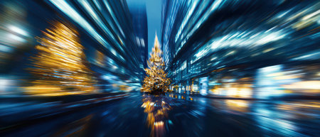 Bright lights reflect on wet pavement as a glowing New Year tree shines in a futuristic city filled with tall buildings and Holiday spirit.の素材