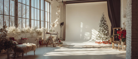 A studio basked in natural light showcases festive Christmas decorations featuring a decorated tree presents and cozy holiday accents.の素材