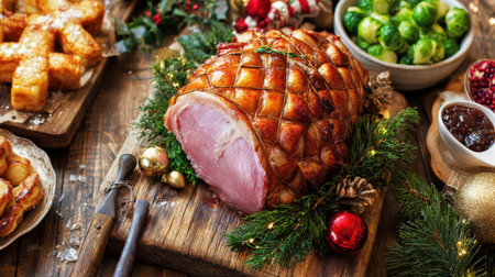 A beautifully presented glazed ham centerpiece garnished with greenery and ornaments surrounded by festive sides and treats for a New Year feast.の素材