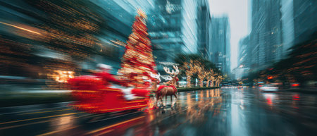 Bright lights adorn a city street as Santa rides his sleigh through the rain. Christmas trees glow bringing cheer to the holiday season.の素材