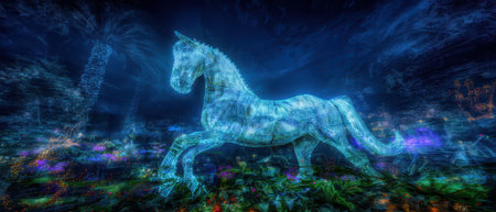 A glowing horse glides underwater surrounded by festive decorations and colorful plants creating a magical New Year vibe.の素材