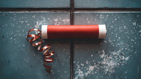 A vibrant red party horn rests on a chilly winter floor surrounded by specks of snow ready to welcome the New Year with joy and celebration.の素材