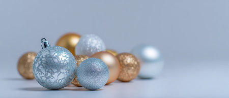 Brightly shining ornaments in silver and gold rest on a smooth surface capturing the essence of New Year celebrations with elegance and joy.の素材