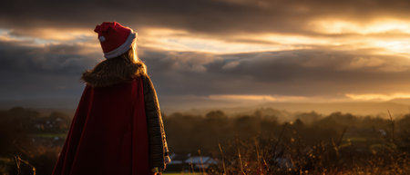 A child in festive attire gazes at a striking sunset embracing the essence of New Year. The scenery glows with warm golden hues.の素材
