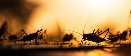A cluster of crickets comes together at dawn illuminated by the warm glow of sunrise symbolizing new beginnings and festive cheer.の素材
