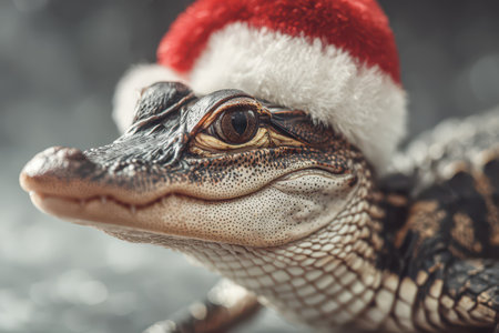 A joyful alligator wears a bright red Santa hat while celebrating the New Year. It brings cheer and smiles with its playful appearance.の素材