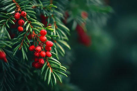 Bright red berries hang from spruce tree branches creating a festive scene against a soft green background. Ideal for New Year inspiration.の素材