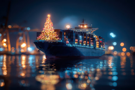 A brightly lit Christmas tree decorates a container ship at night celebrating New Year with colorful lights on the water.の素材