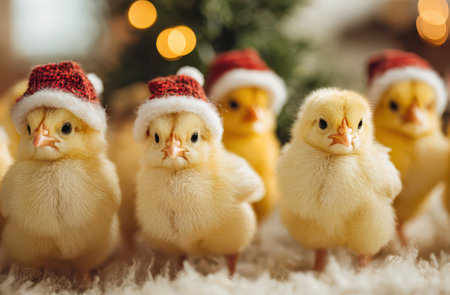 A group of fluffy yellow chicks joyfully wears red and white Christmas hats while celebrating the New Year in a cozy setting filled with warm lights.の素材