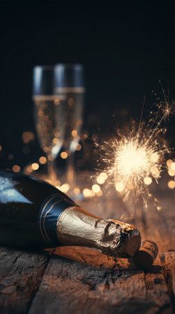 Bottles of champagne rest on a wooden table with a sparkling firework. Cheers to a joyful New Year filled with celebrations and happiness.の素材