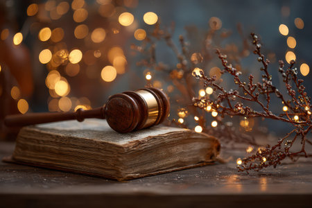 A gavel rests on an old book surrounded by twinkling lights and holiday decorations creating a warm ambiance for New Year festivities.の素材