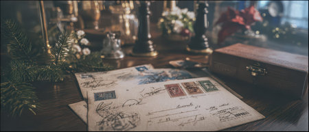 Beautifully arranged vintage postcards capture the spirit of New Year celebrations.の素材