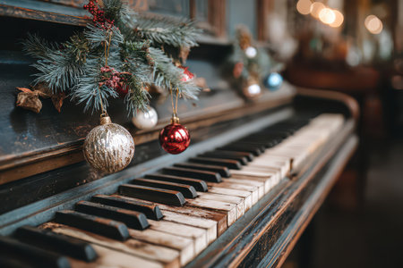 A charming piano is decorated with Christmas ornaments and pine capturing the essence of holiday cheer during New Year celebrations.の素材