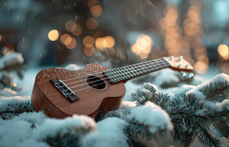A warm festive ukulele lies on the snowy branches of a Christmas tree surrounded by soft twinkling lights evoking a joyful New Year atmosphere.の素材