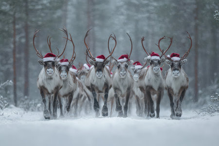 A joyful group of reindeer wearing bright Santa hats dashes through a snowy forest as the New Year festivities begin creating a magical scene.の素材