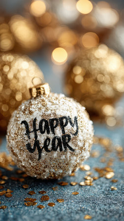 A festive ornament glistens with Happy Year written on it surrounded by golden decorations capturing the essence of New Year celebrations.の素材