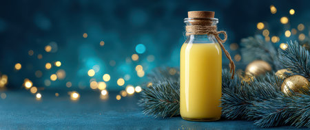 A cheerful yellow eggnog bottle stands on a table adorned with pine branches and holiday decorations perfect for New Years festivities.の素材