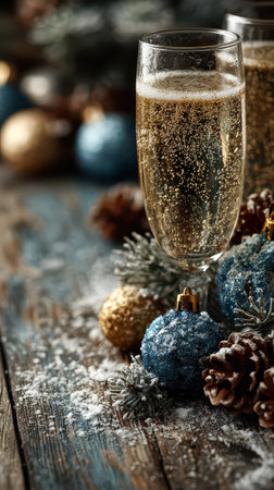 Toast to new beginnings with champagne colorful ornaments and pinecones on a rustic table embodying New Year celebrations.の素材