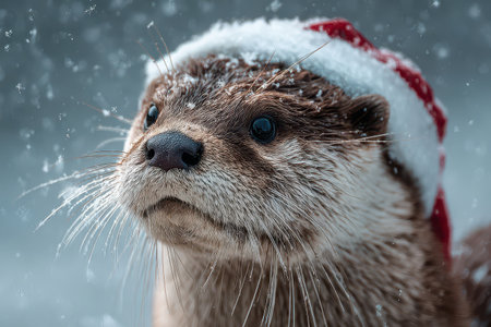 An adorable otter wearing a Santa hat stands amidst falling snowflakes celebrating the New Year in a wintery environment.の素材