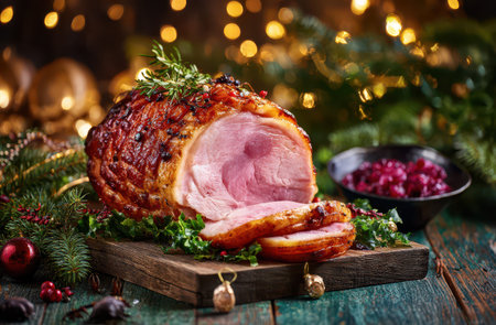 A beautifully glazed pork ham is served on an old wooden table surrounded by festive decorations for a joyful Christmas celebration with family.の素材