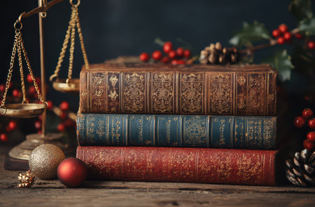 Old law books rest on a wooden table beside festive decor symbolizing a hopeful transition into the New Year filled with justice and renewal.の素材